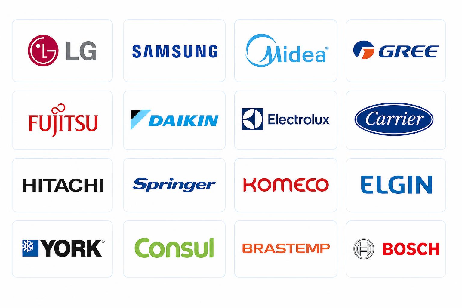Marcas de ar-condicionado atendidas pela Clima: LG, Samsung, Midea, Gree, Fujitsu, Daikin, Electrolux, Carrier, Hitachi, Springer, Komeco, Elgin, York, Consul, Brastemp, Bosch